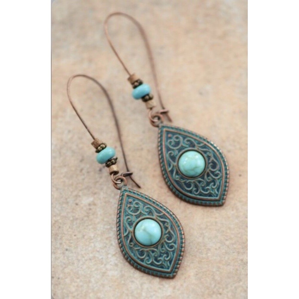 Boho Gypsy Patina Drop Earrings (Turquoise Verdigris)